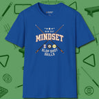 Run Out Mindset/Slop Shot Skills T-Shirt, front view, in Royal cue sports swagger done right