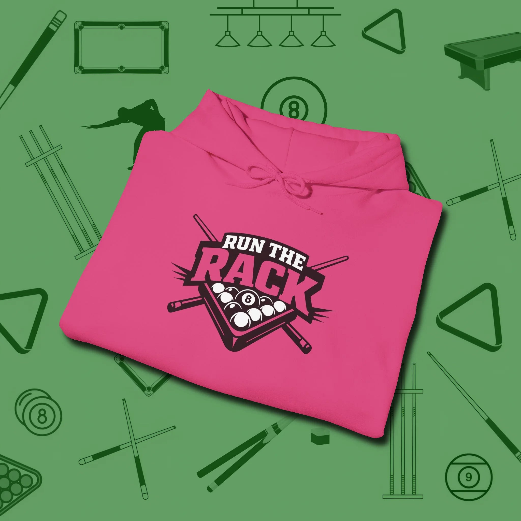 Run the Rack Eight Ball Hoodie, folded view, in Heliconia where cue control meets personal style