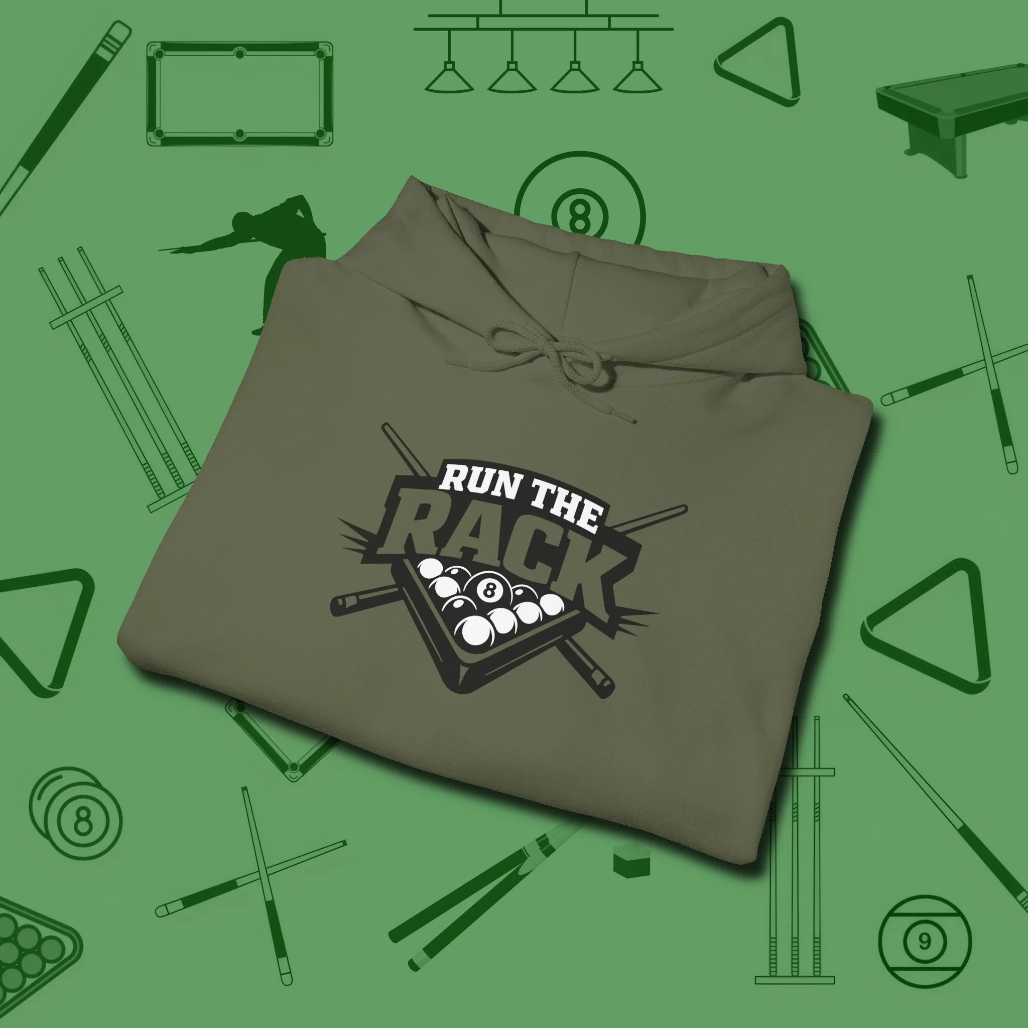 Run the Rack Eight Ball Hoodie, folded view, in Military Green look good while calling your pocket