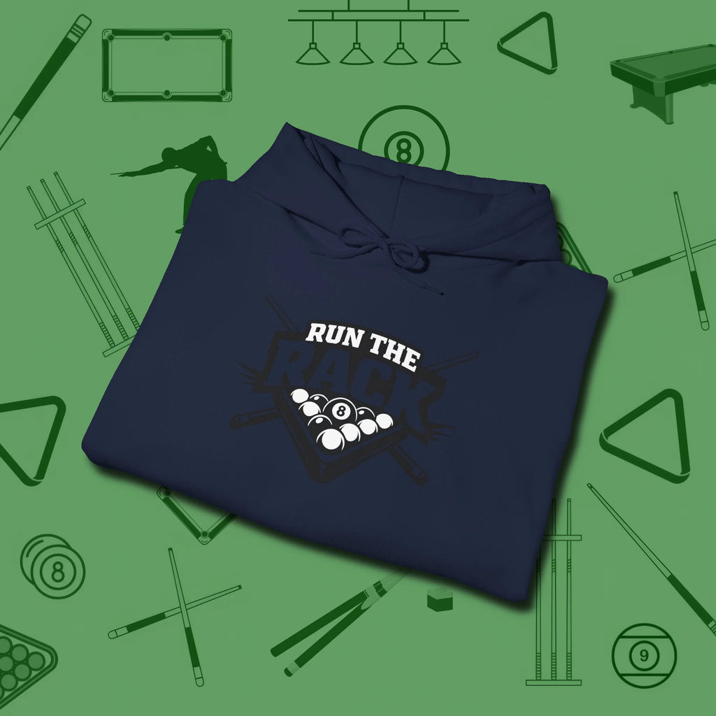 Run the Rack Eight Ball Hoodie, folded view, in Navy made for pool sharks, not posers