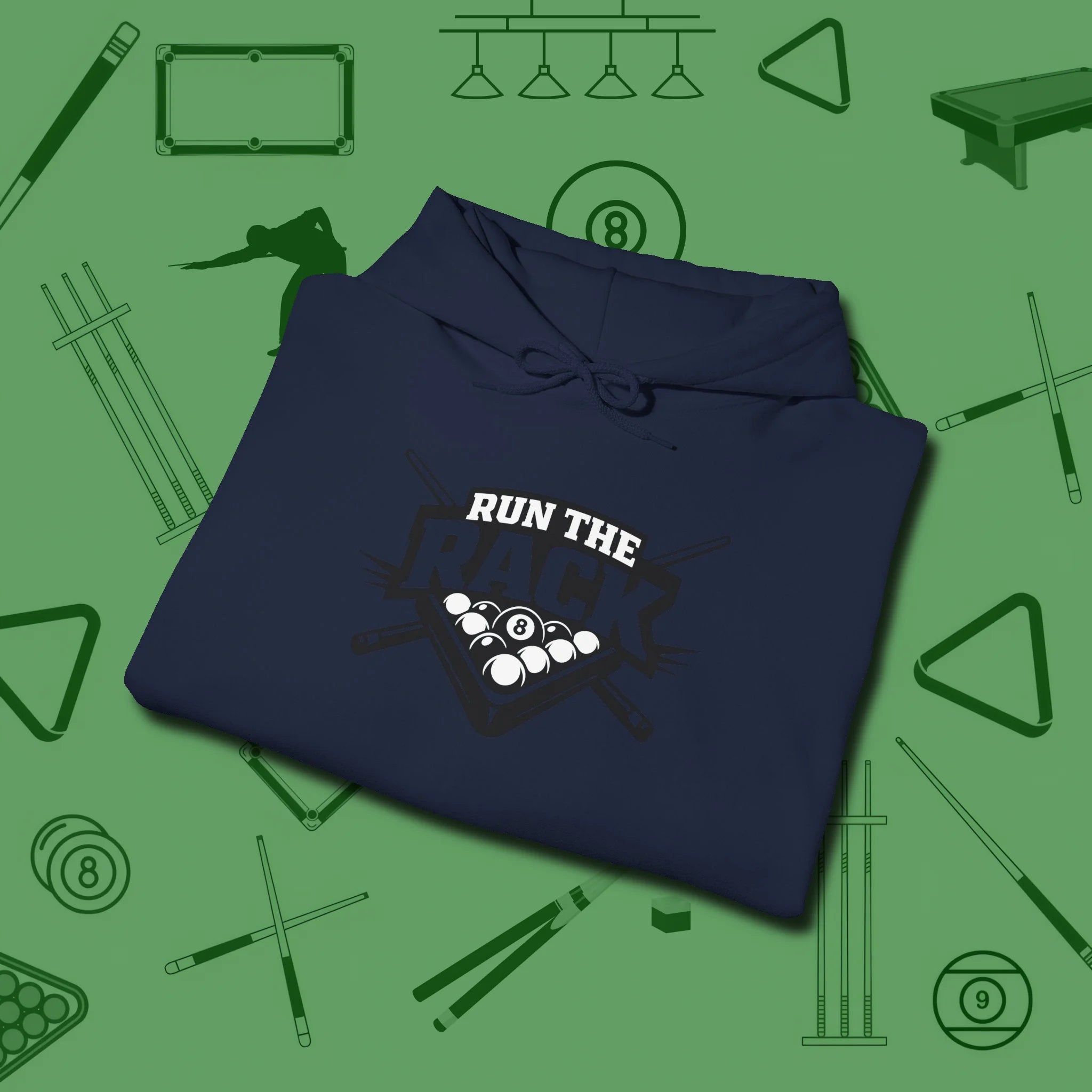 Run the Rack Eight Ball Hoodie, folded view, in Navy made for pool sharks, not posers