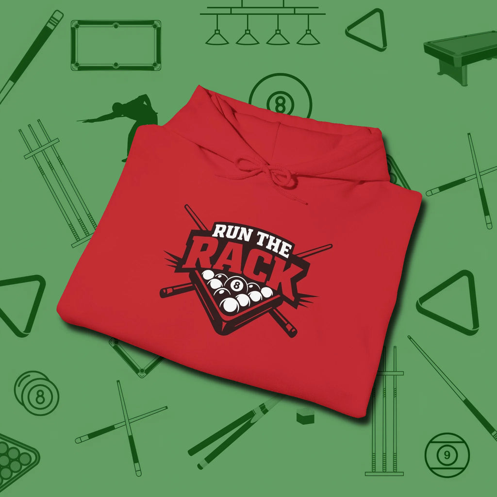 Run the Rack Eight Ball Hoodie, folded view, in Red for hustlers who keep it honest
