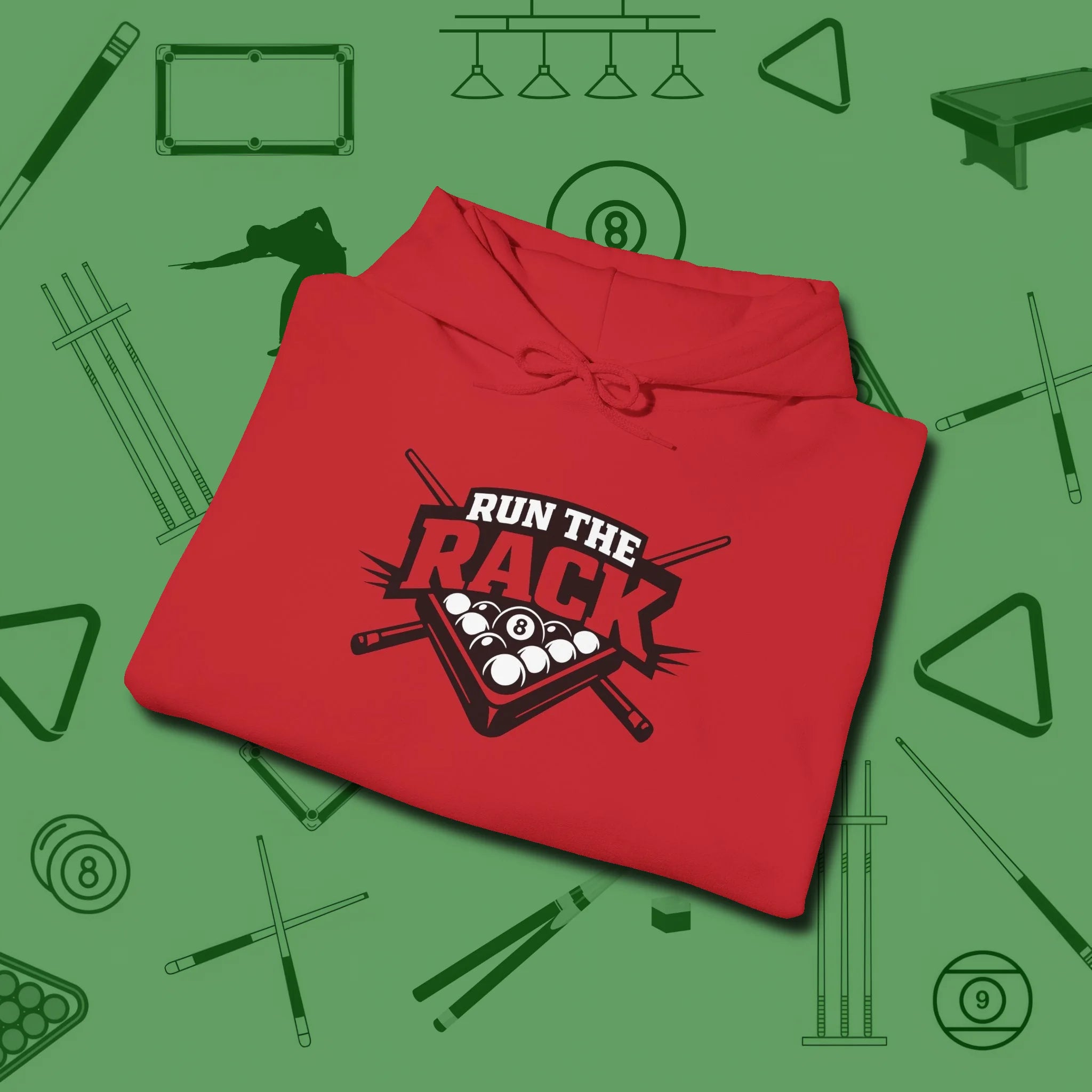 Run the Rack Eight Ball Hoodie, folded view, in Red for hustlers who keep it honest