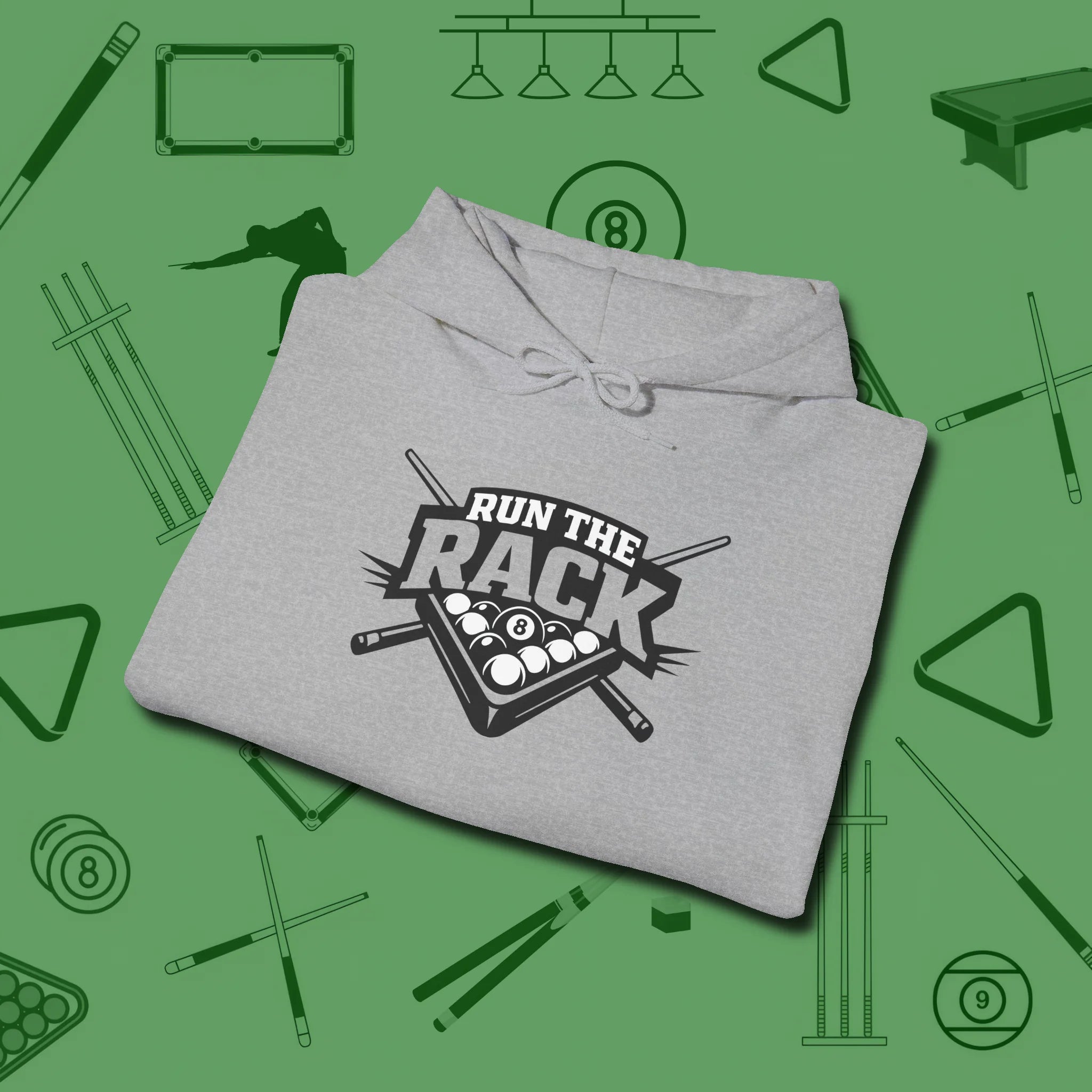 Run the Rack Eight Ball Hoodie, folded view, in Sport Grey smart enough for the felt and the street