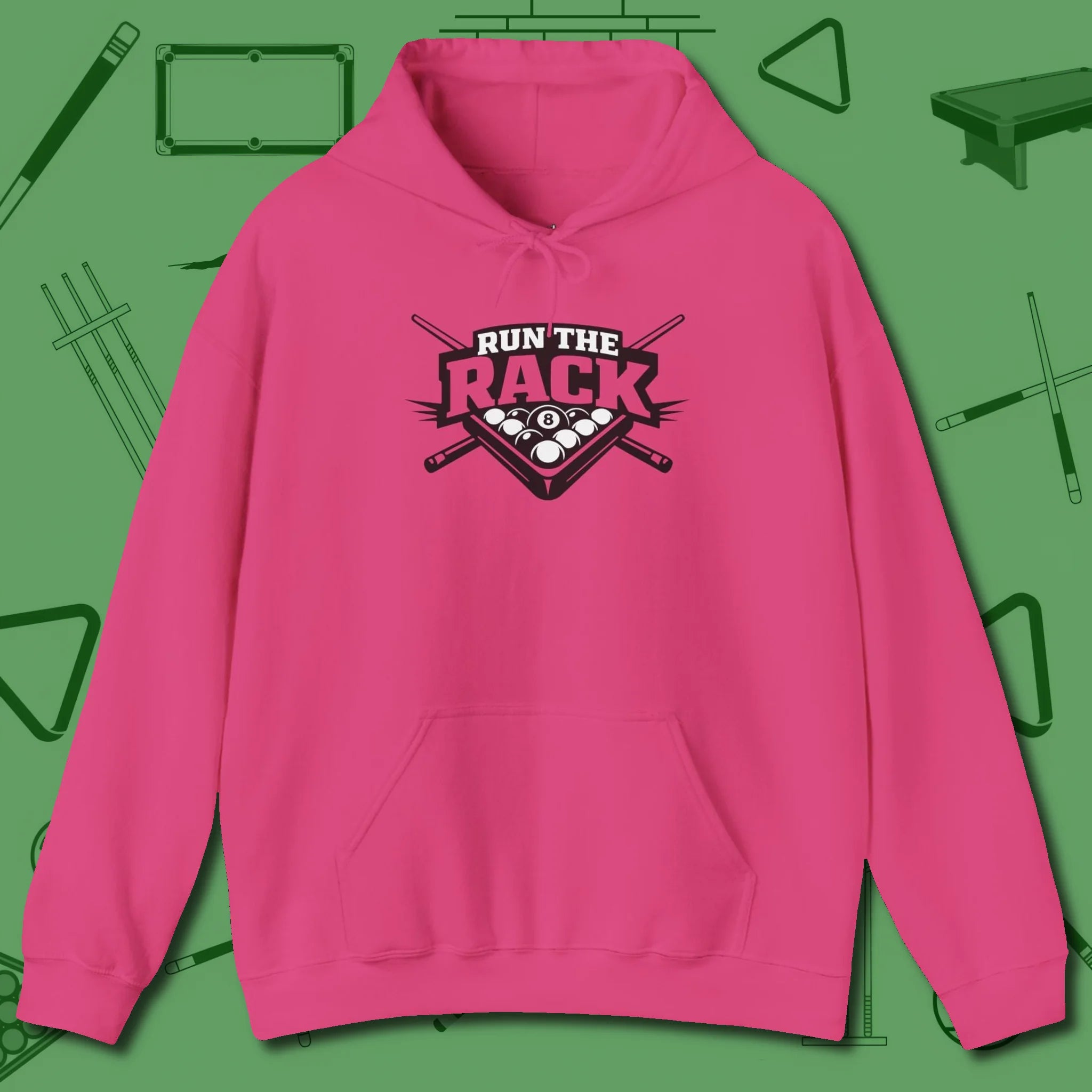 Run the Rack Eight Ball Hoodie, front view, in Heliconia it’s not a hobby — it’s a lifestyle