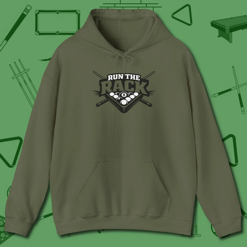 Run the Rack Eight Ball Hoodie, front view, in Military Green cue up respect every time you wear it