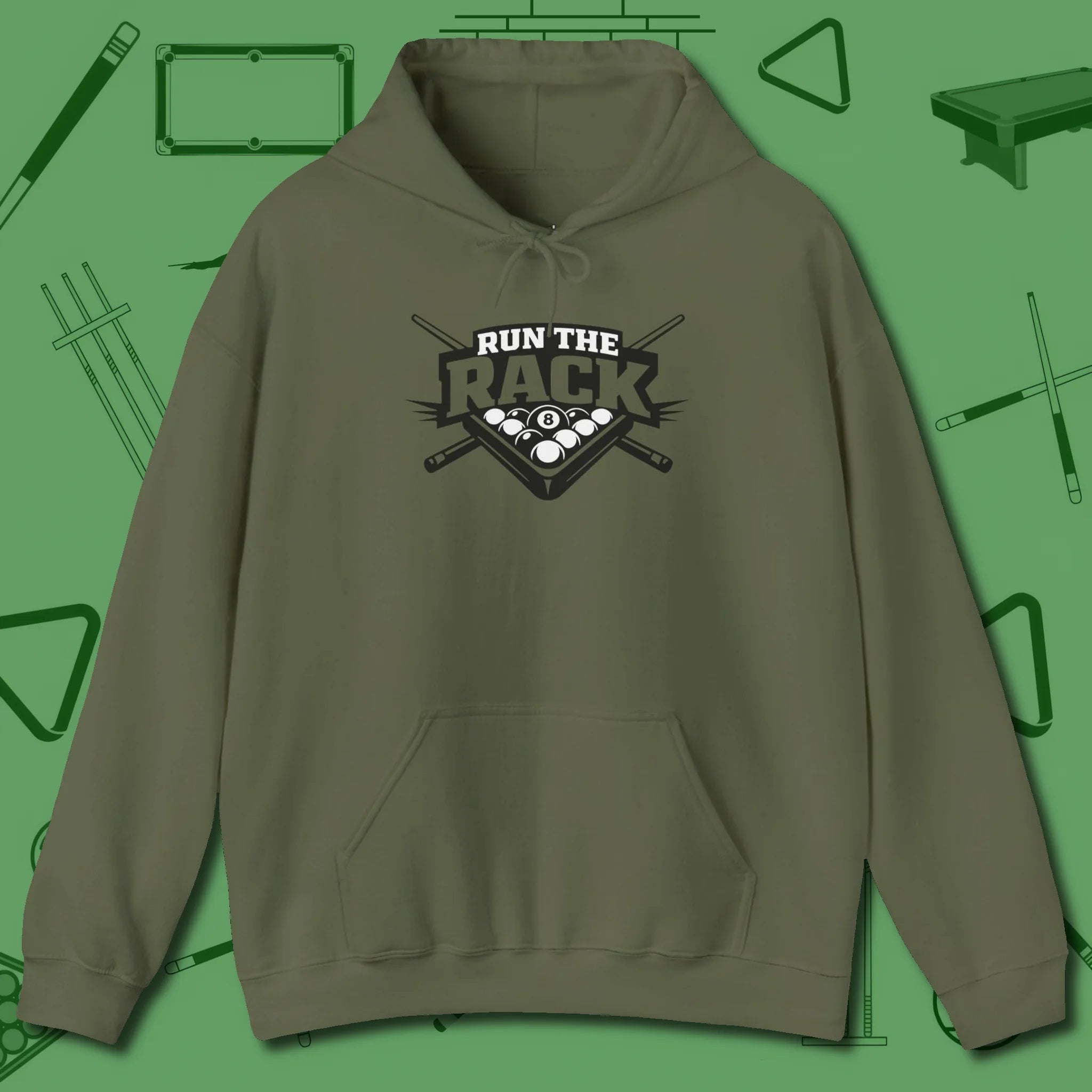 Run the Rack Eight Ball Hoodie, front view, in Military Green cue up respect every time you wear it