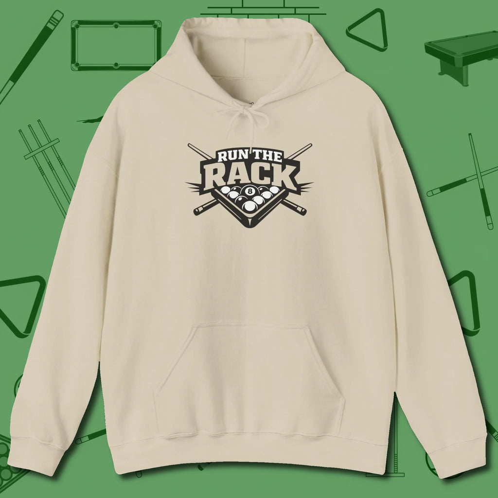 Run the Rack Eight Ball Hoodie, front view, in Sand confidence stitched in every seam