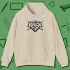Run the Rack Eight Ball Hoodie, front view, in Sand confidence stitched in every seam