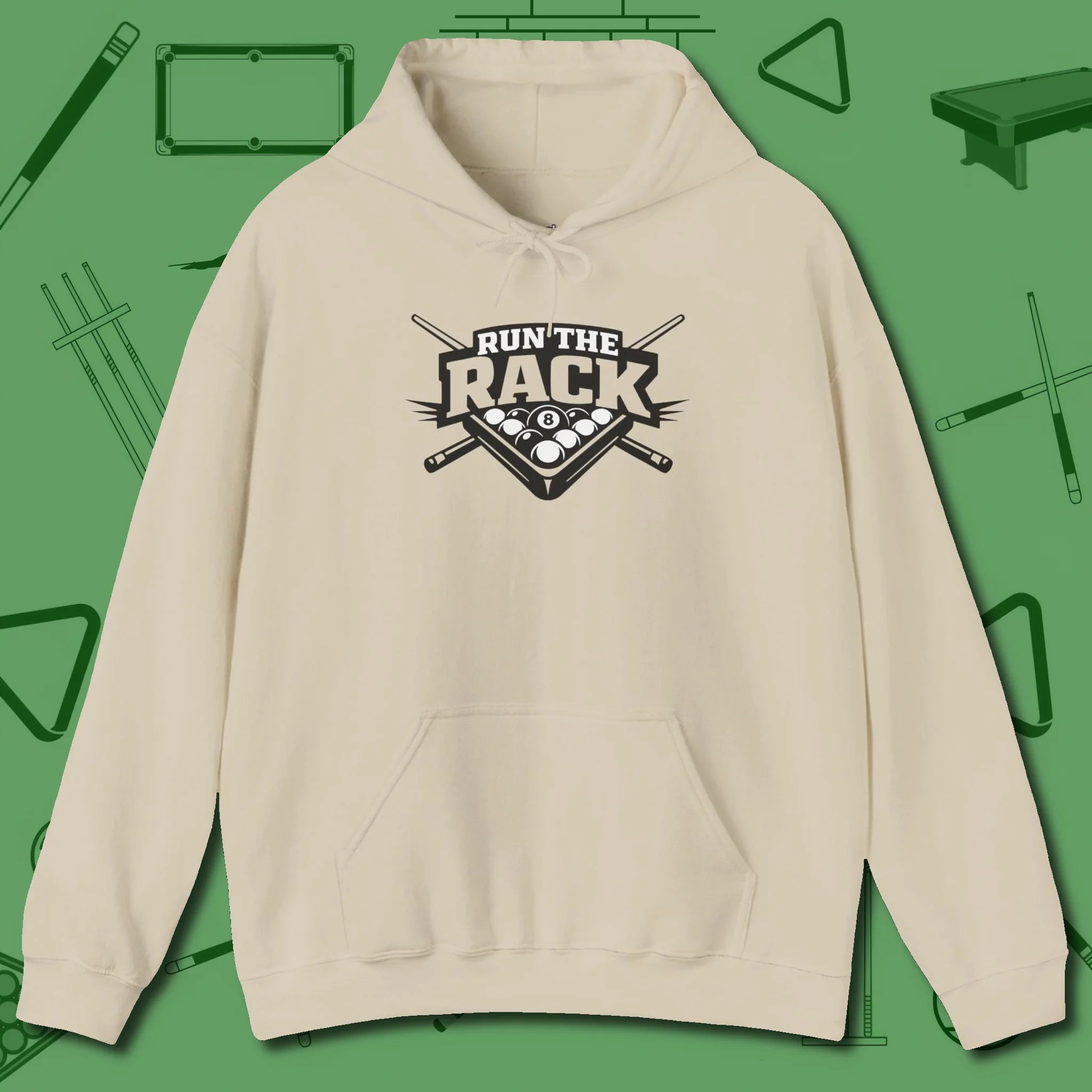 Run the Rack Eight Ball Hoodie, front view, in Sand confidence stitched in every seam