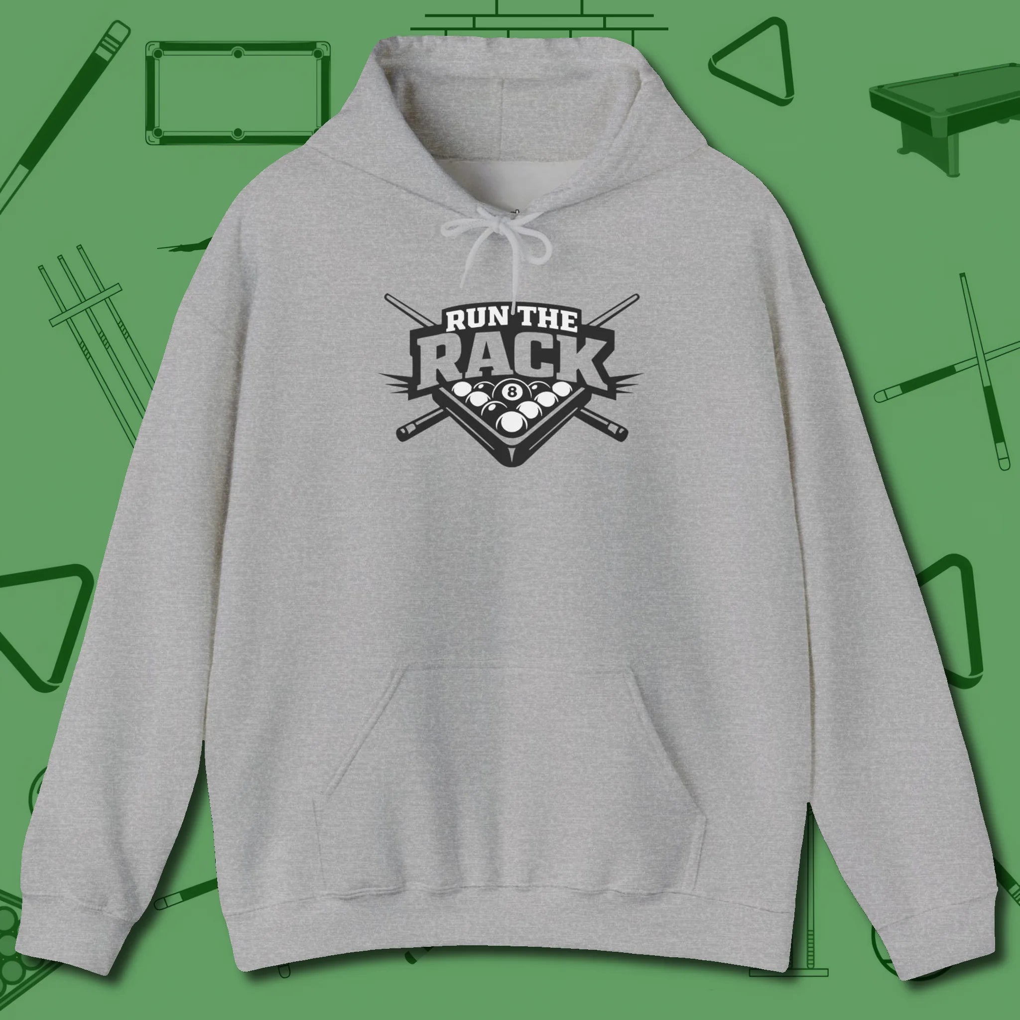 Run the Rack Eight Ball Hoodie, front view, in Sport Grey smart apparel for strategic players