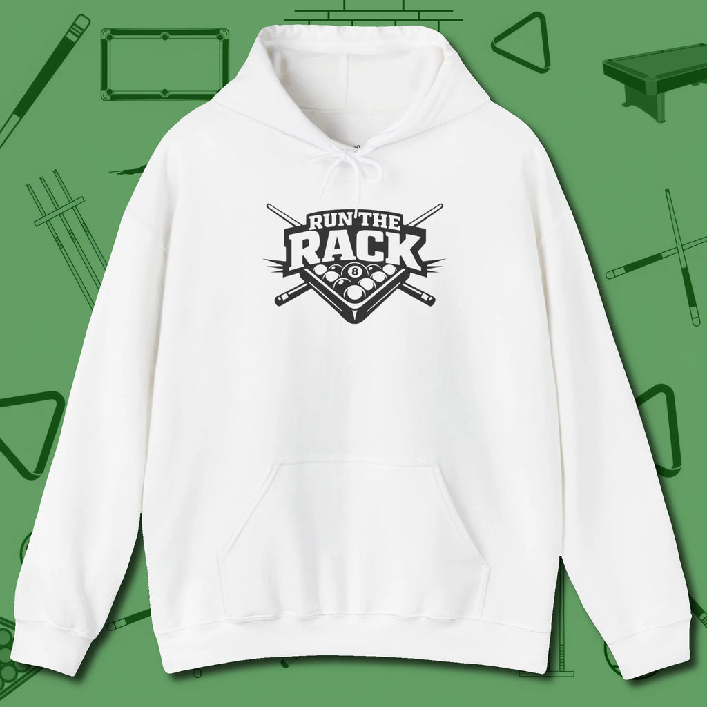 Run the Rack Eight Ball Hoodie, front view, in White dress for the shot you want to take