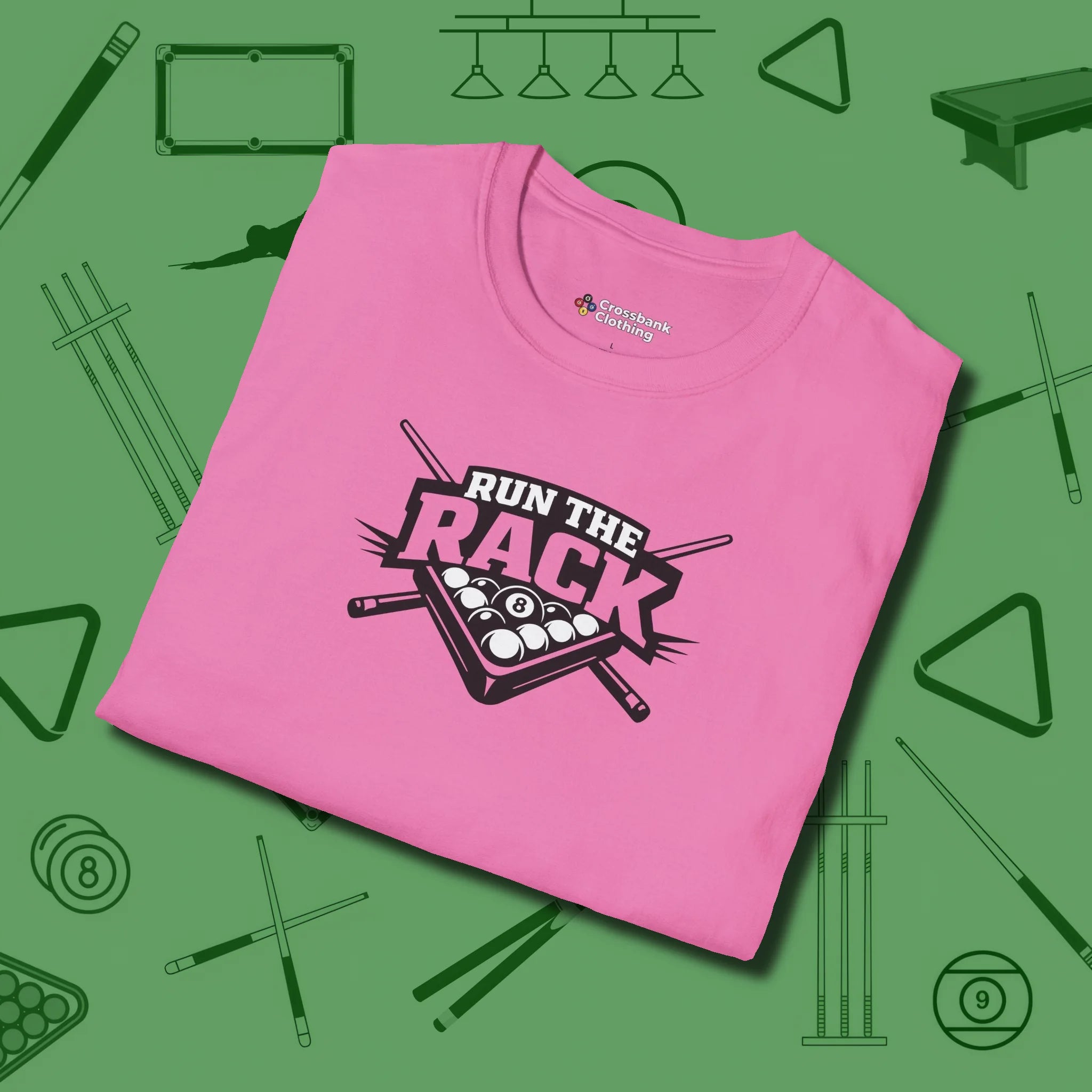 Run the Rack Eight Ball T-Shirt, folded view, in Azalea where cue control meets personal style