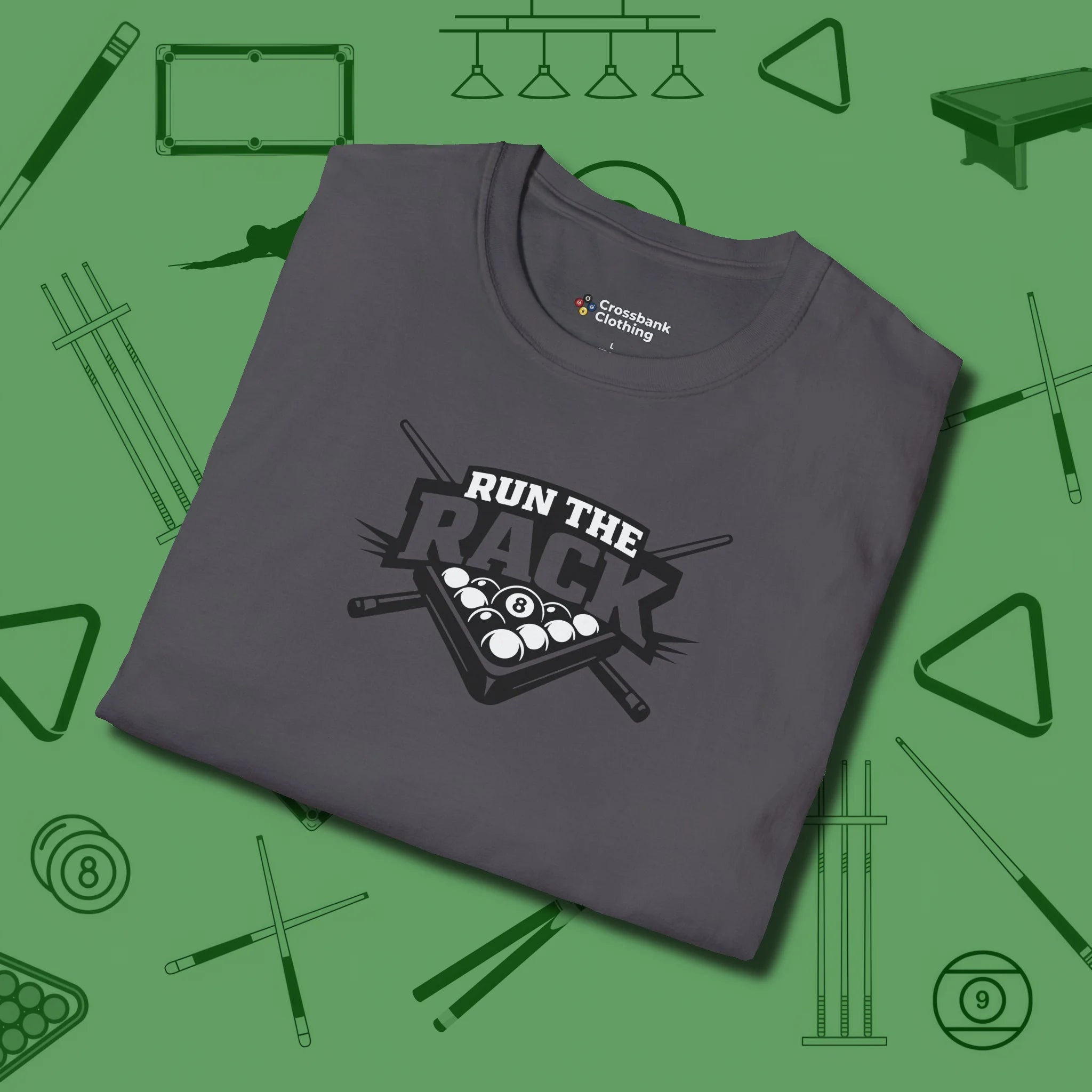 Run the Rack Eight Ball T-Shirt, folded view, in Charcoal earns respect before the first shot