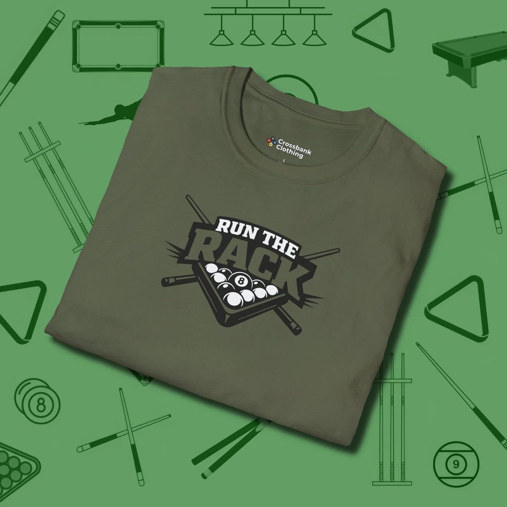 Run the Rack Eight Ball T-Shirt, folded view, in Military Green strike fear with swagger and precision