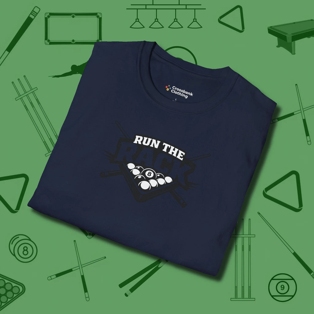 Run the Rack Eight Ball T-Shirt, folded view, in Navy poolroom style with tournament attitude