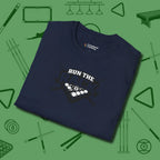 Run the Rack Eight Ball T-Shirt, folded view, in Navy poolroom style with tournament attitude