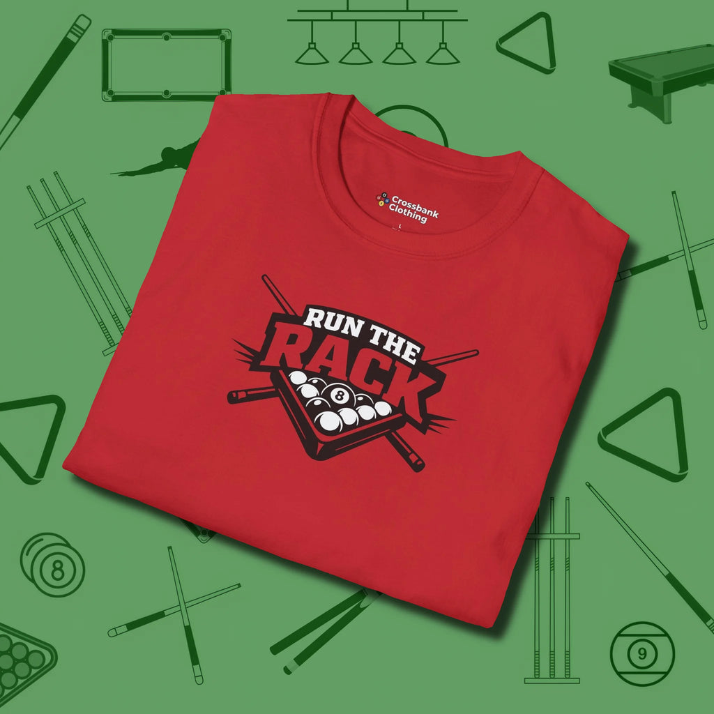 Run the Rack Eight Ball T-Shirt, folded view, in Red cue sports swagger done right