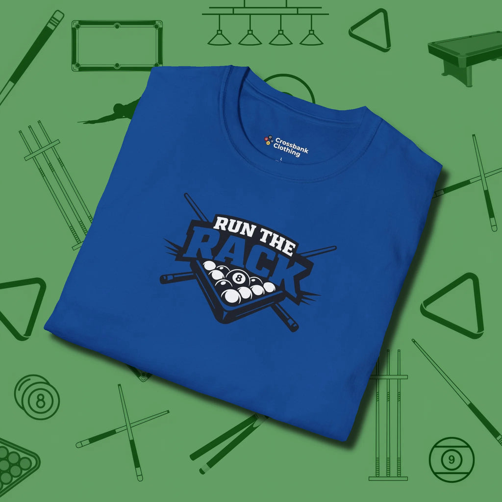 Run the Rack Eight Ball T-Shirt, folded view, in Royal poolroom style with tournament attitude