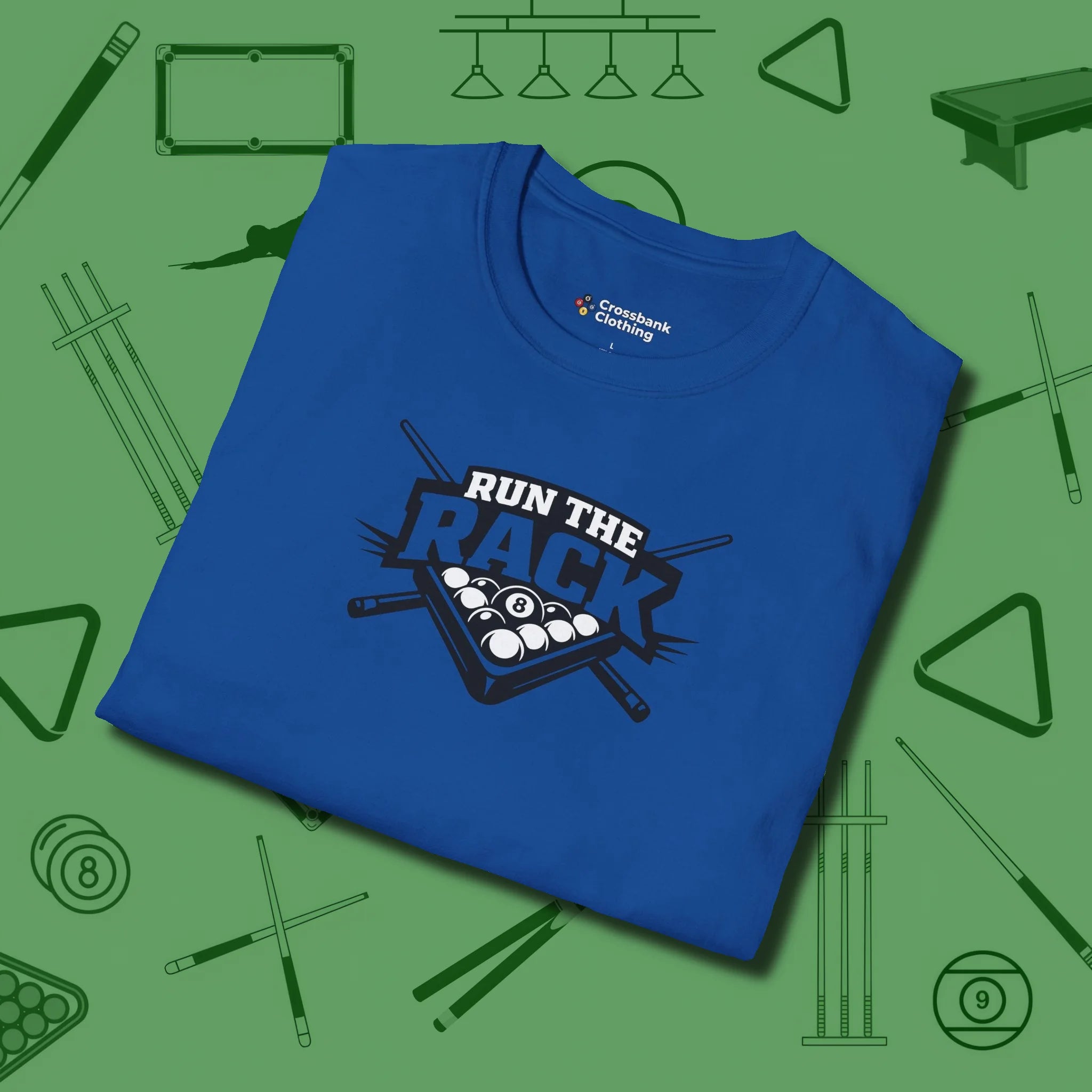 Run the Rack Eight Ball T-Shirt, folded view, in Royal poolroom style with tournament attitude