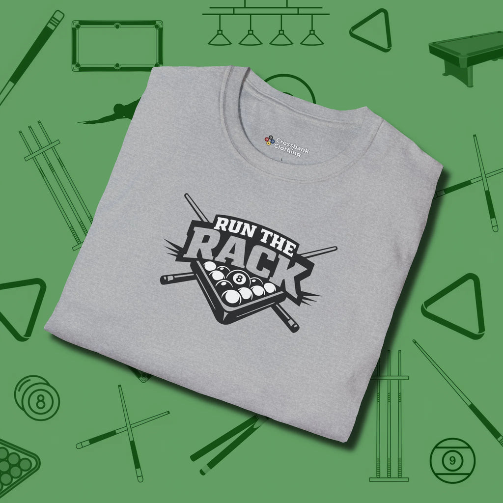 Run the Rack Eight Ball T-Shirt, folded view, in Sport Grey poolroom style with tournament attitude