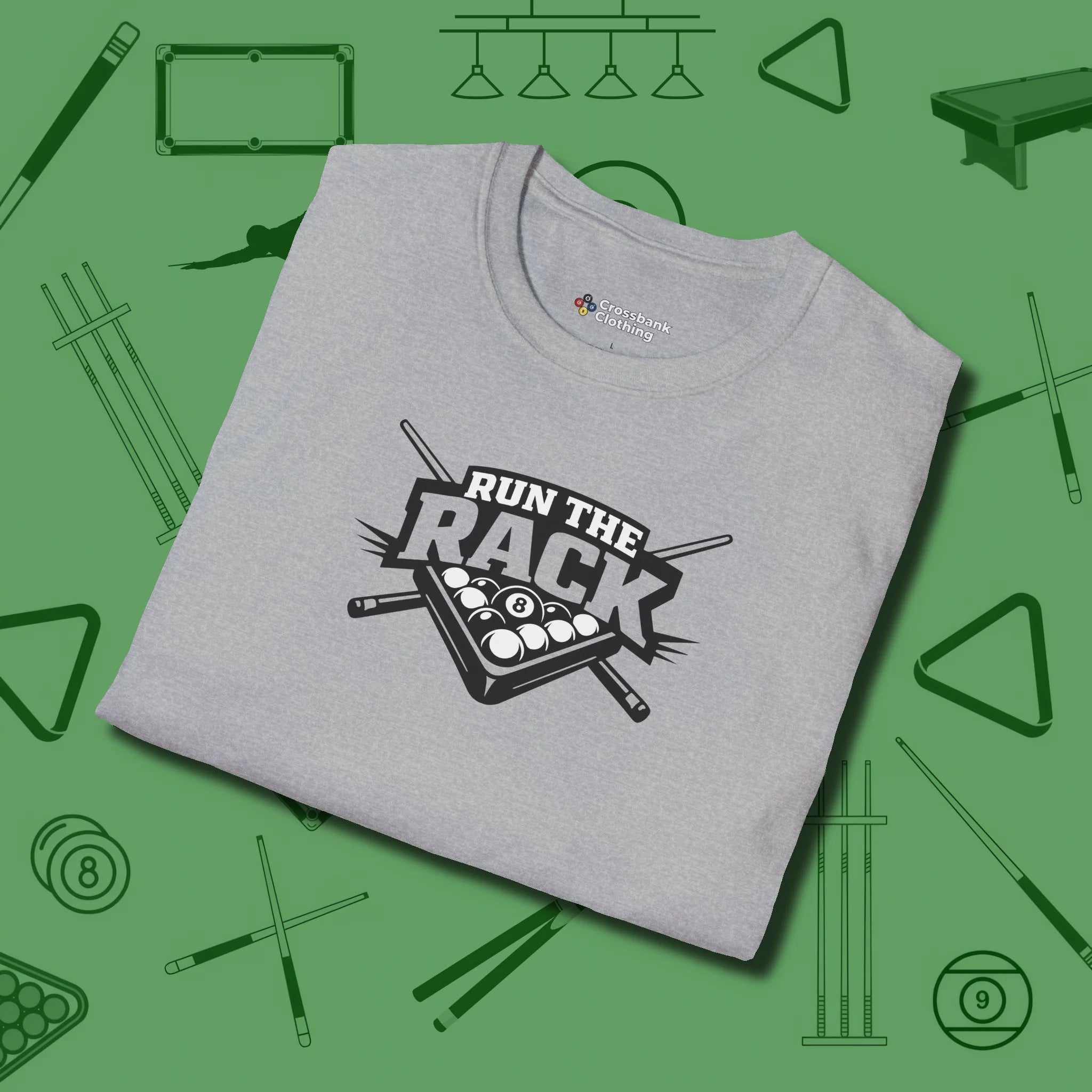 Run the Rack Eight Ball T-Shirt, folded view, in Sport Grey poolroom style with tournament attitude