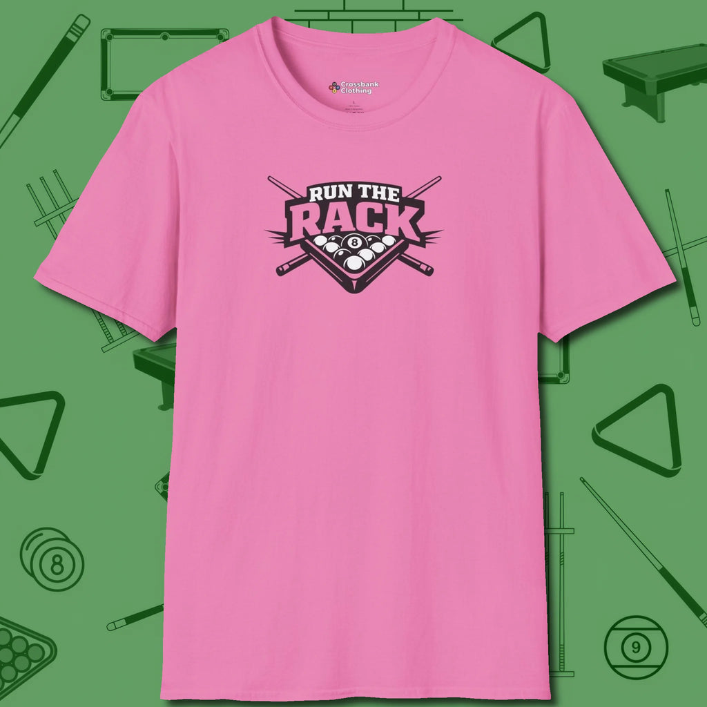 Run the Rack Eight Ball T-Shirt, front view, in Azalea play in style, win in silence