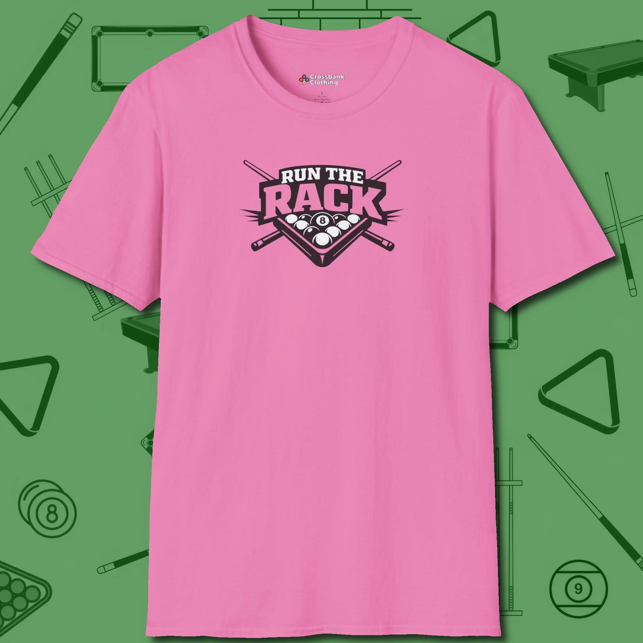 Run the Rack Eight Ball T-Shirt, front view, in Azalea play in style, win in silence
