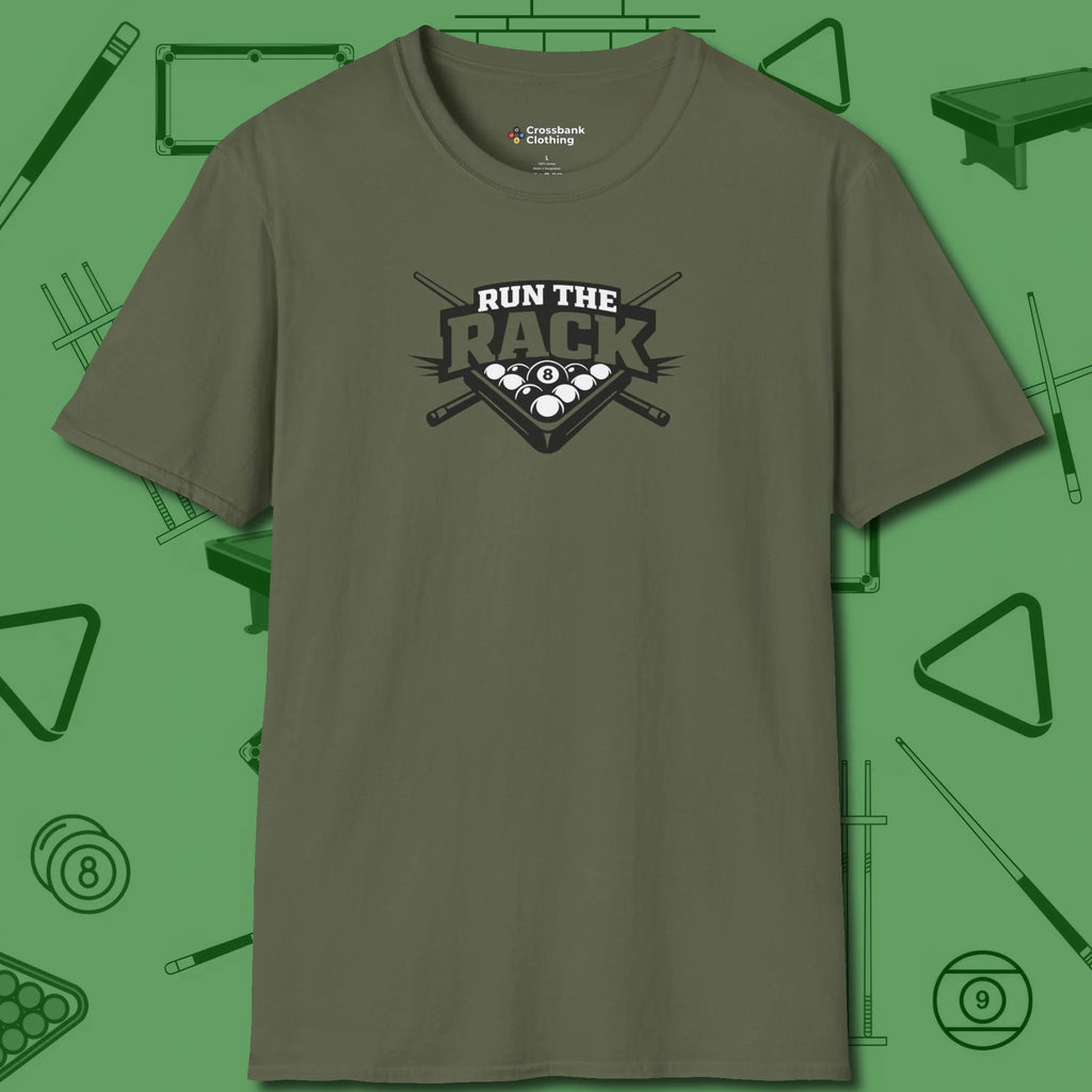 Run the Rack Eight Ball T-Shirt, front view, in Military Green your secret weapon off the table