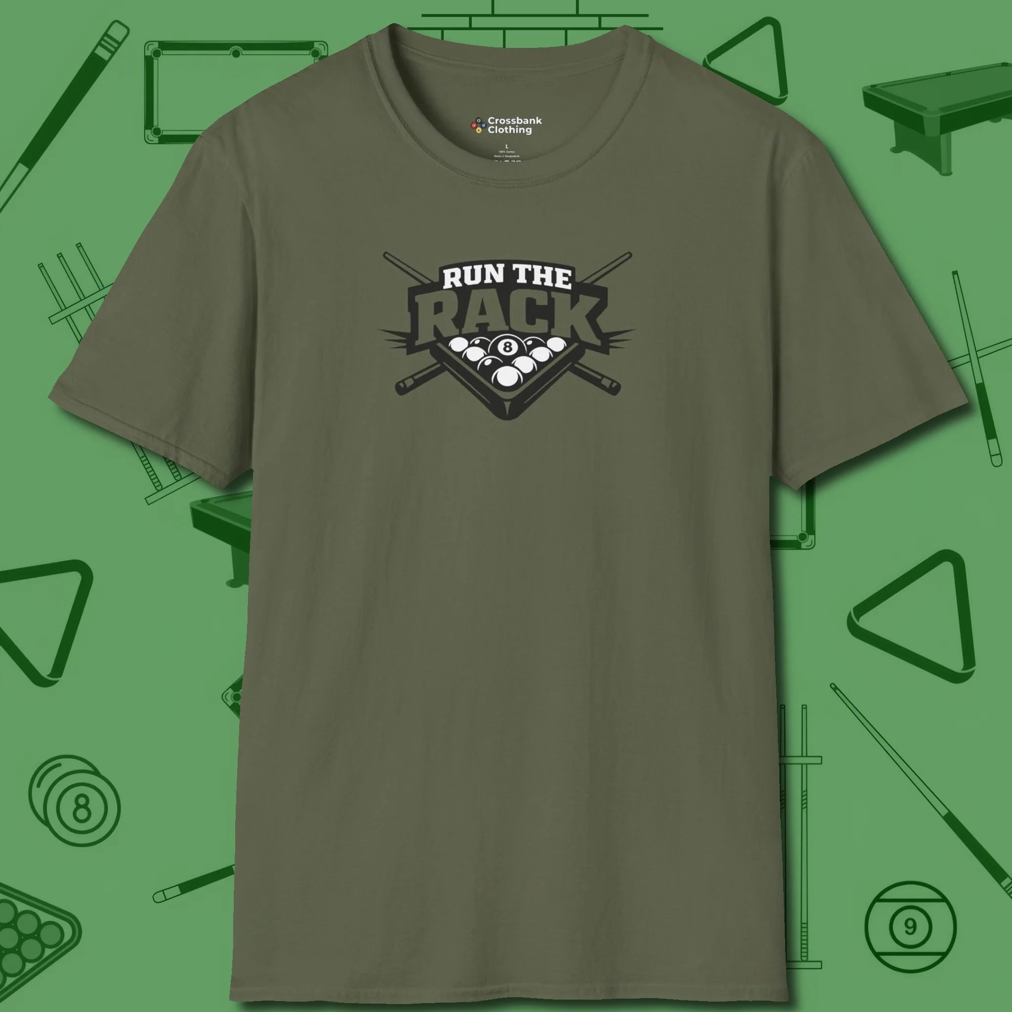 Run the Rack Eight Ball T-Shirt, front view, in Military Green your secret weapon off the table