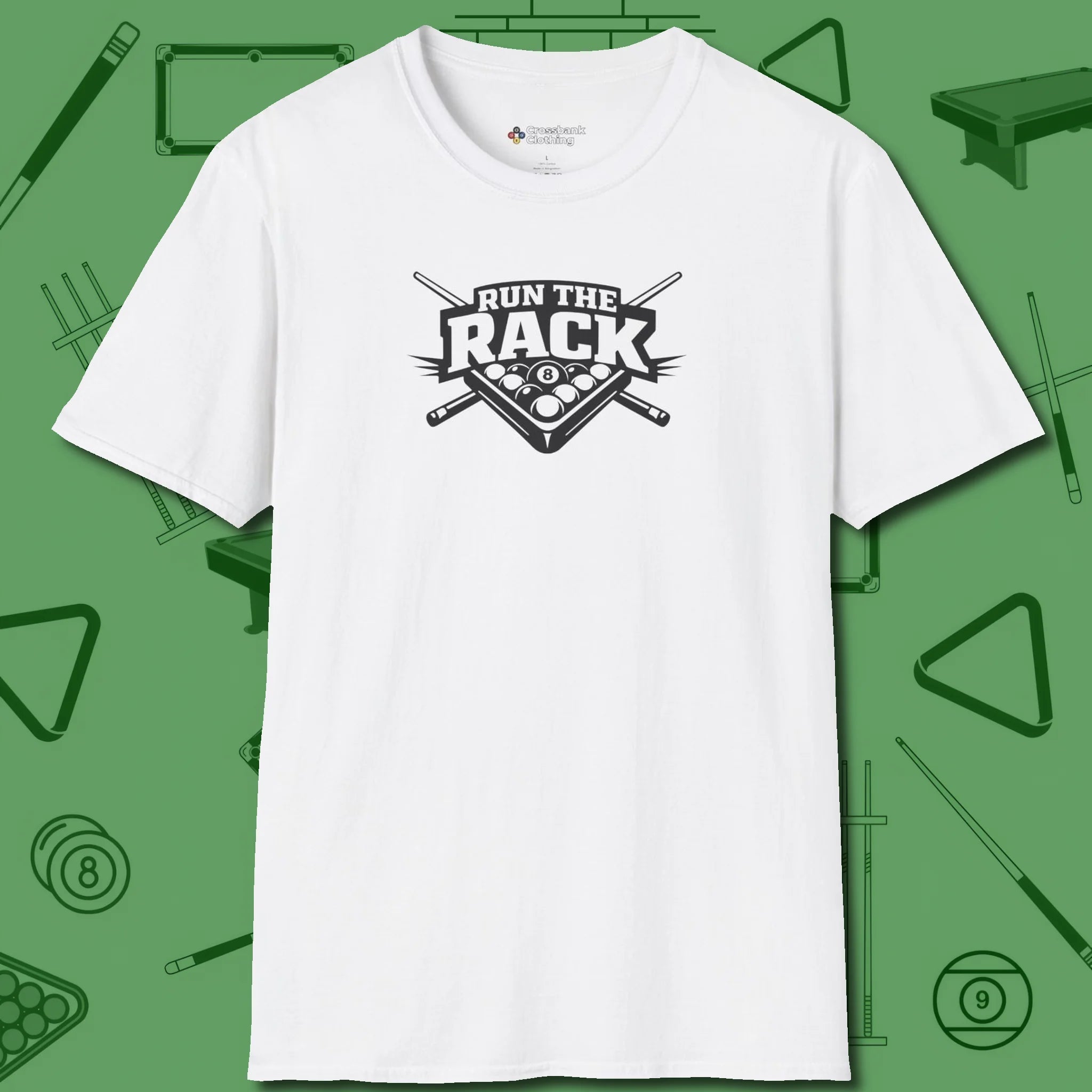 Run the Rack Eight Ball T-Shirt, front view, in White put your best game on display