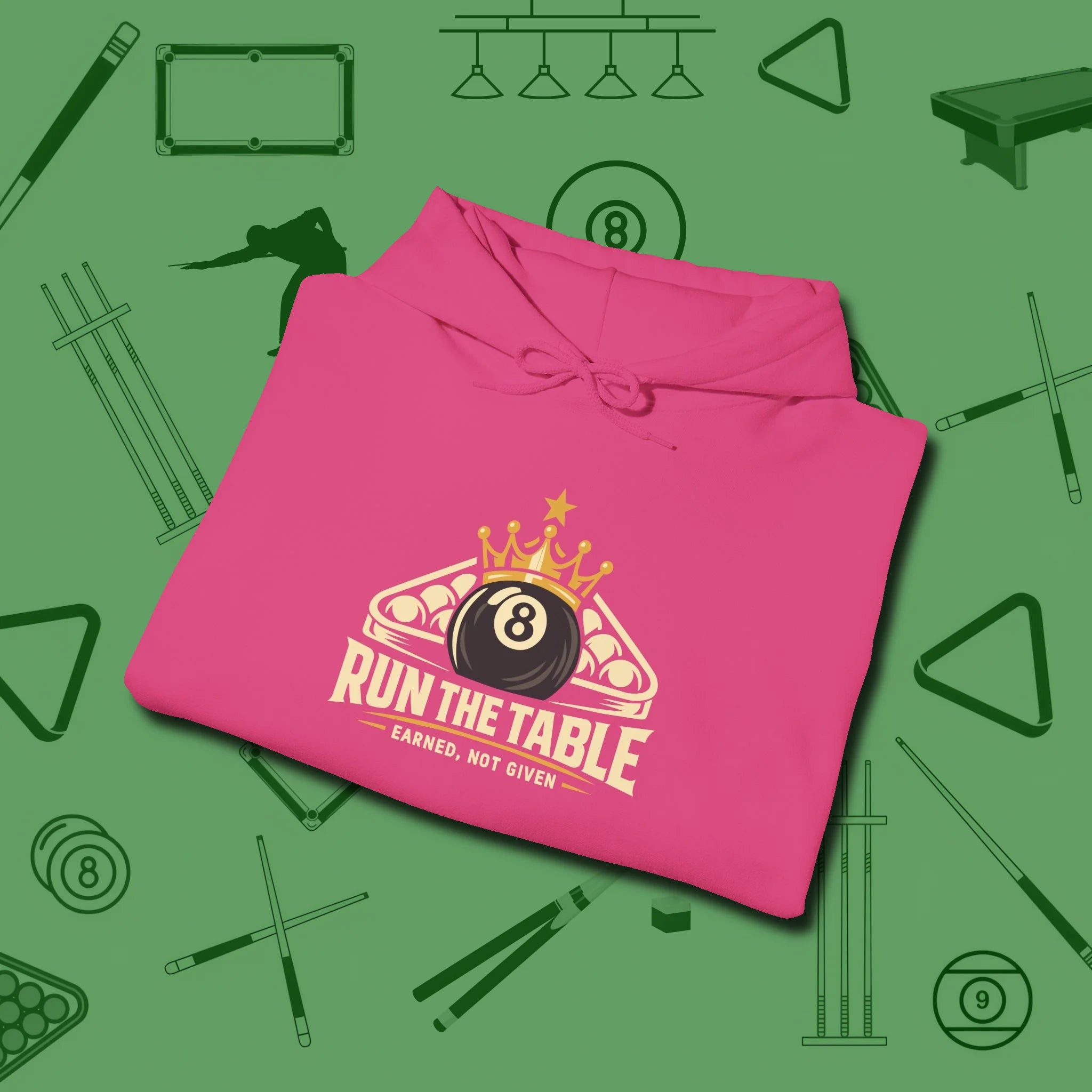 Run the Table Hoodie, folded view, in Heliconia clean lines for dirty minds