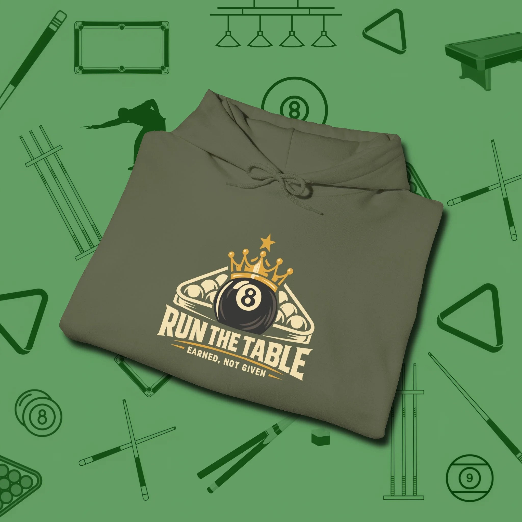 Run the Table Hoodie, folded view, in Military Green an extension of your pool persona