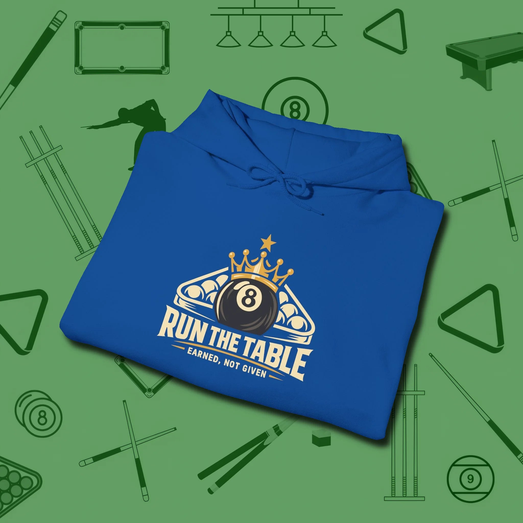 Run the Table Hoodie, folded view, in Royal smart enough for the felt and the street