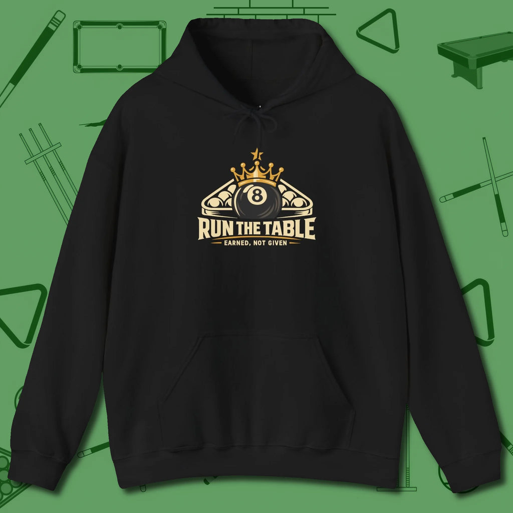 Run the Table Hoodie, front view, in Black your go-to shirt for league night victories