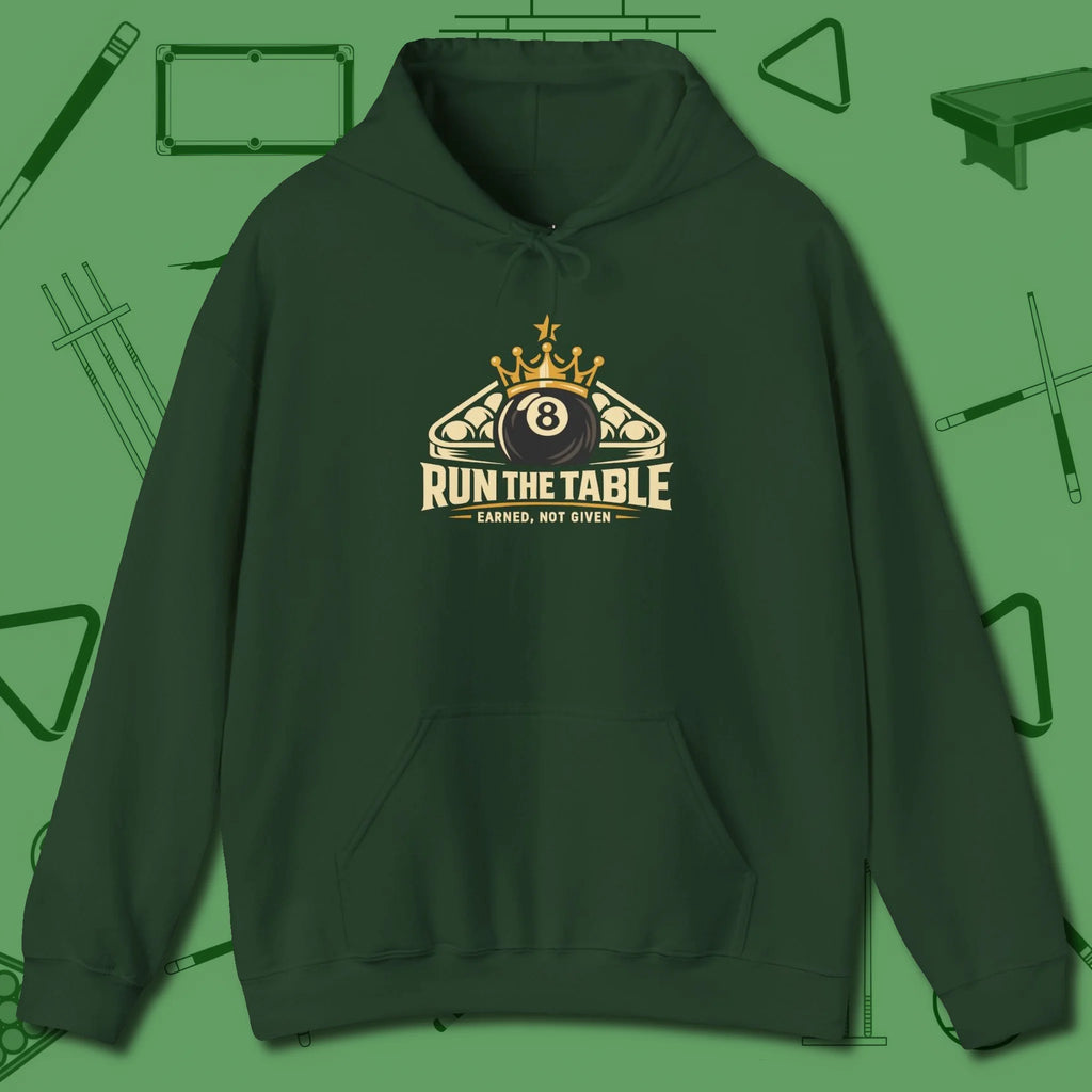 Run the Table Hoodie, front view, in Forest Green styled to dominate from rack to run-out