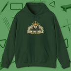 Run the Table Hoodie, front view, in Forest Green styled to dominate from rack to run-out
