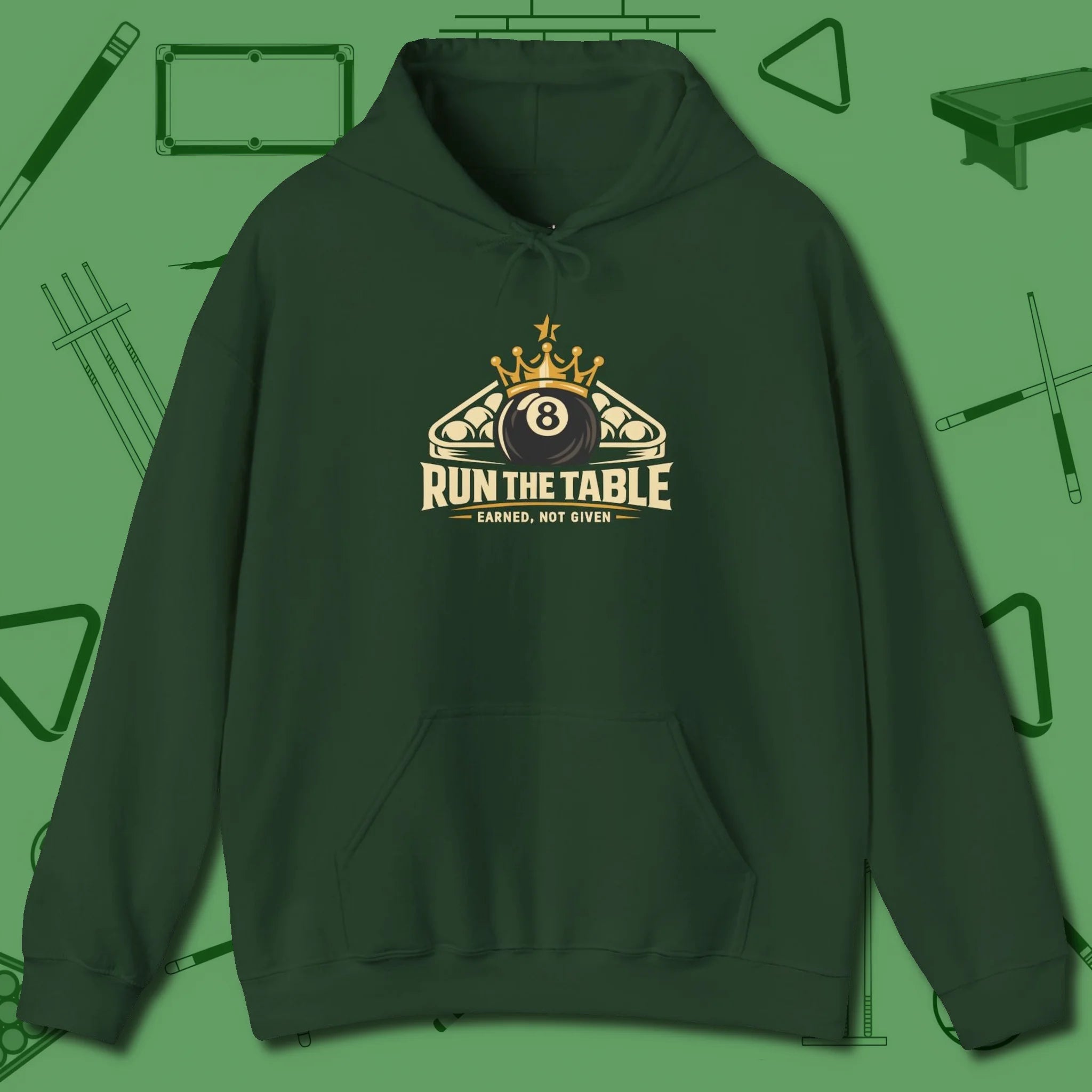 Run the Table Hoodie, front view, in Forest Green styled to dominate from rack to run-out