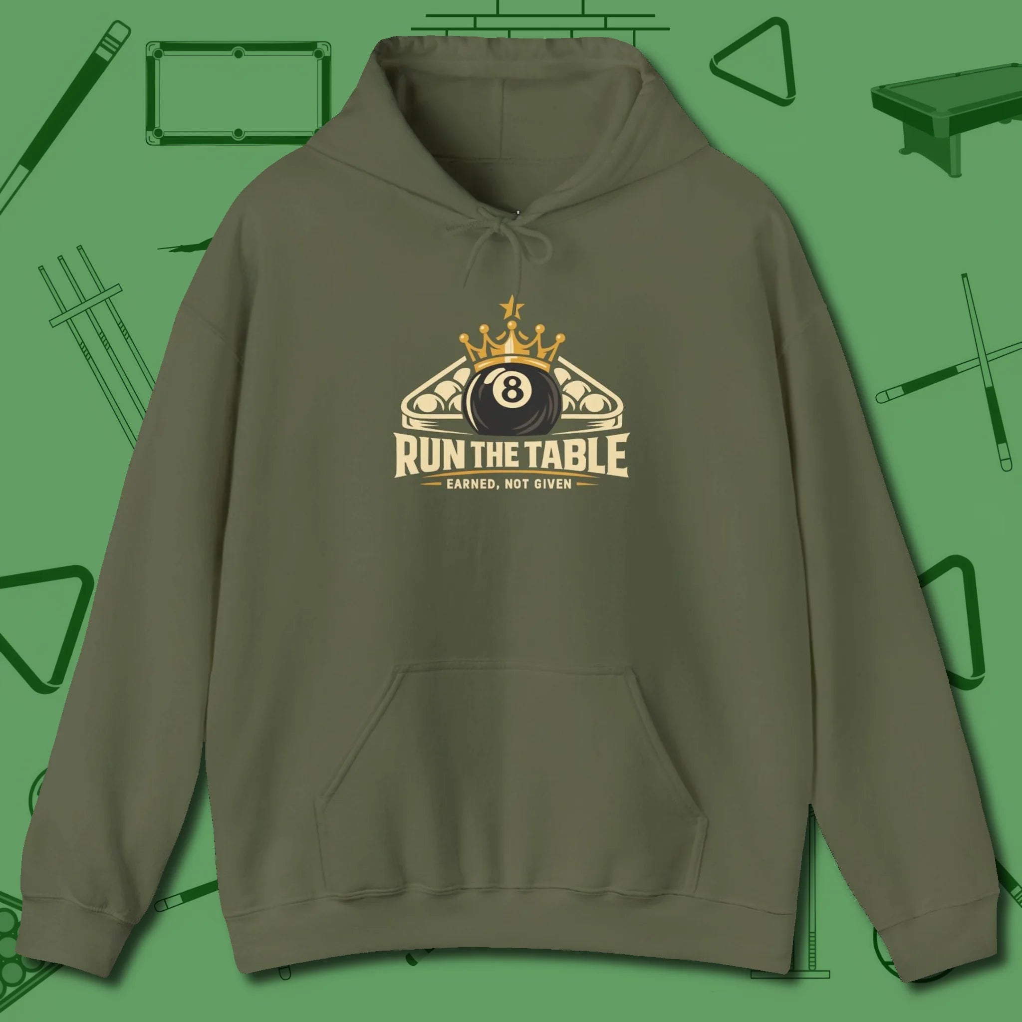 Run the Table Hoodie, front view, in Military Green smart apparel for strategic players