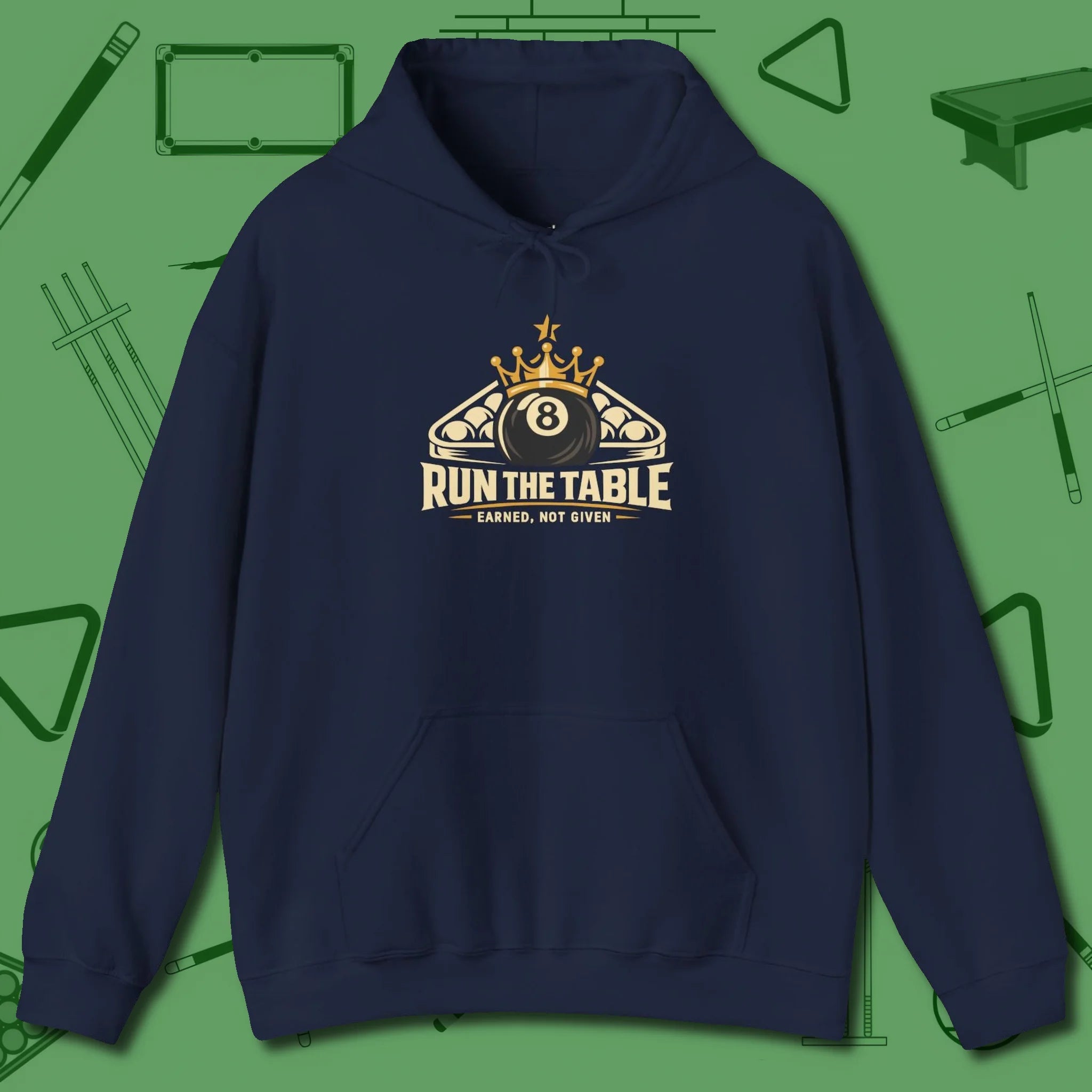 Run the Table Hoodie, front view, in Navy because pool isn’t just a game — it’s who you are
