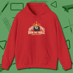 Run the Table Hoodie, front view, in Red look good while calling your pocket