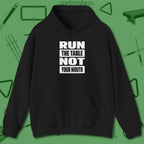 Run the Table Not Your Mouth Billiards Hoodie, front view, in Black for shooters who dress like they play: sharp