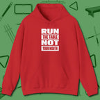Run the Table Not Your Mouth Billiards Hoodie, front view, in Red style that banks as hard as you do
