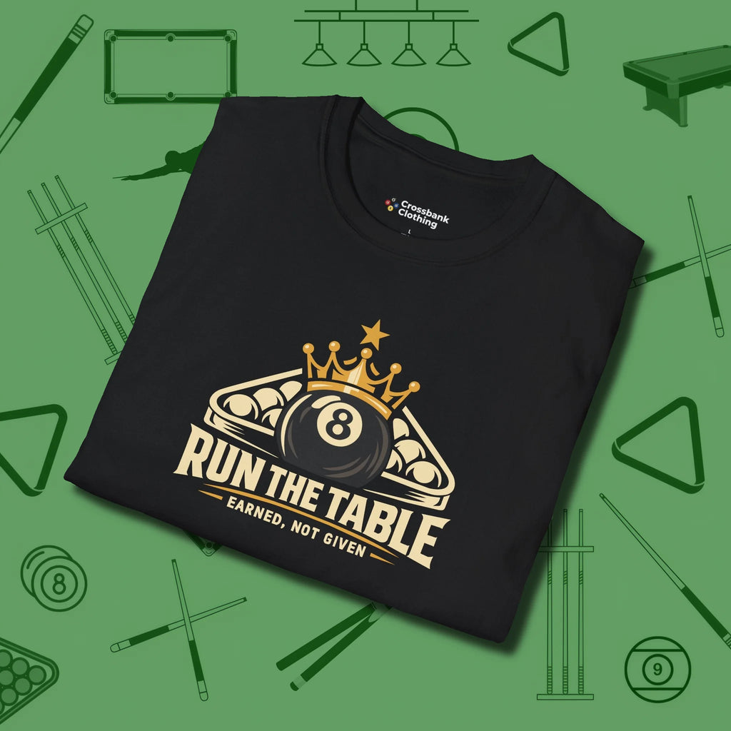 Run the Table T-Shirt, folded view, in Black classic cue style, no gimmicks