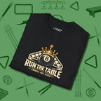 Run the Table T-Shirt, folded view, in Black classic cue style, no gimmicks