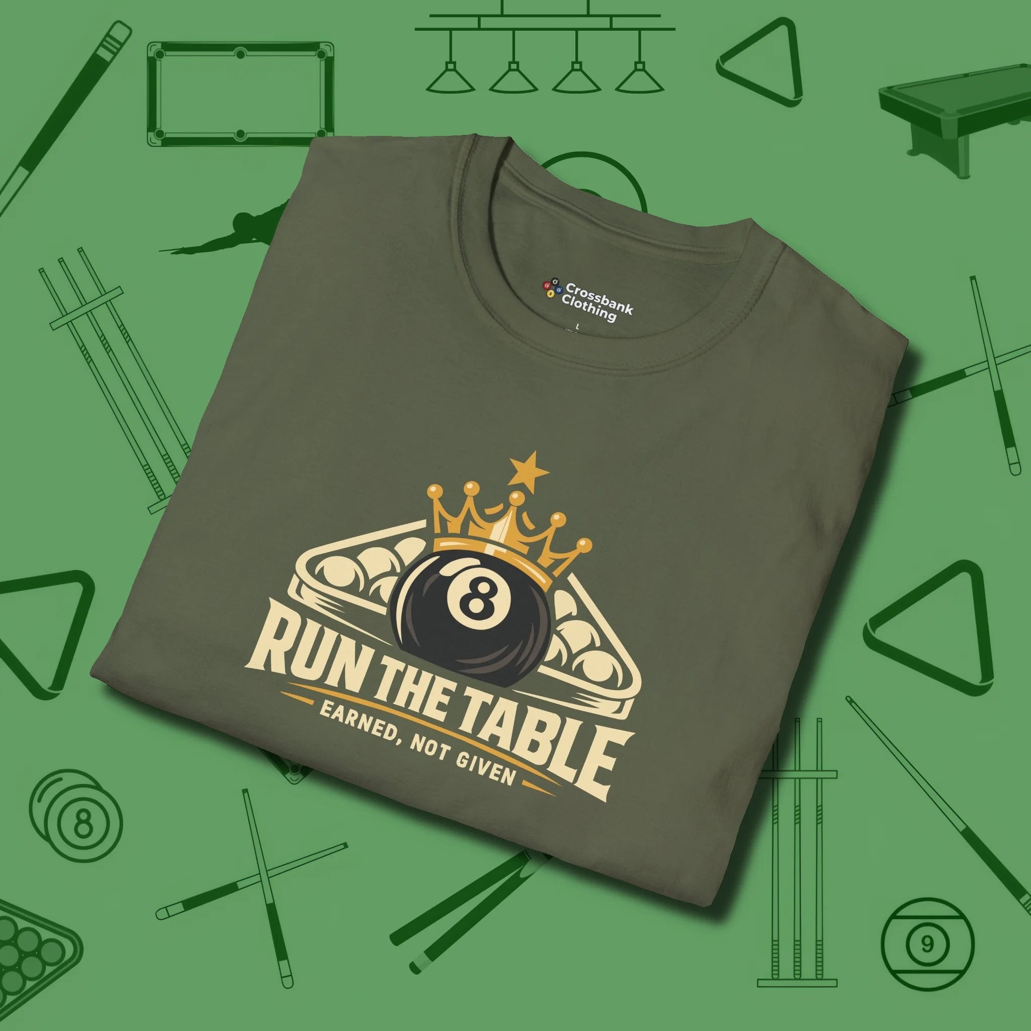 Run the Table T-Shirt, folded view, in Military Green styled to dominate from rack to run-out