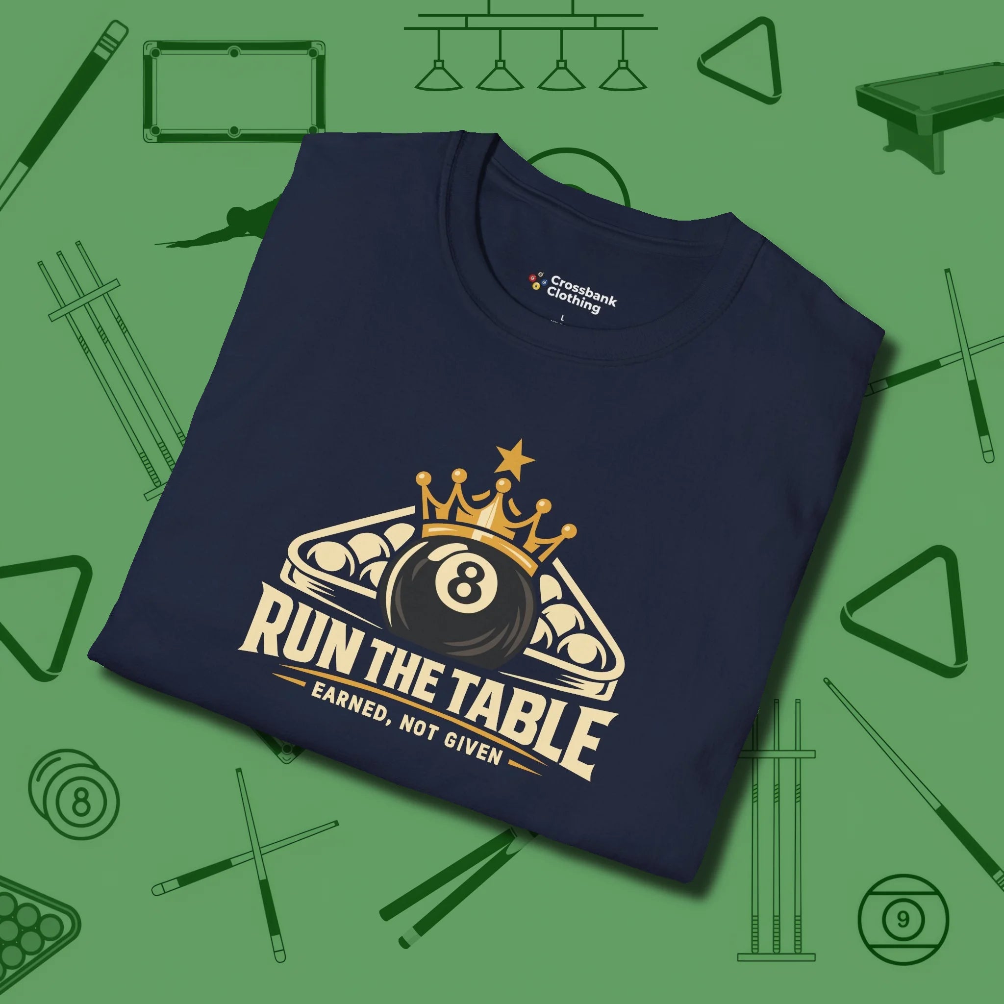 Run the Table T-Shirt, folded view, in Navy tough like your favorite break cue