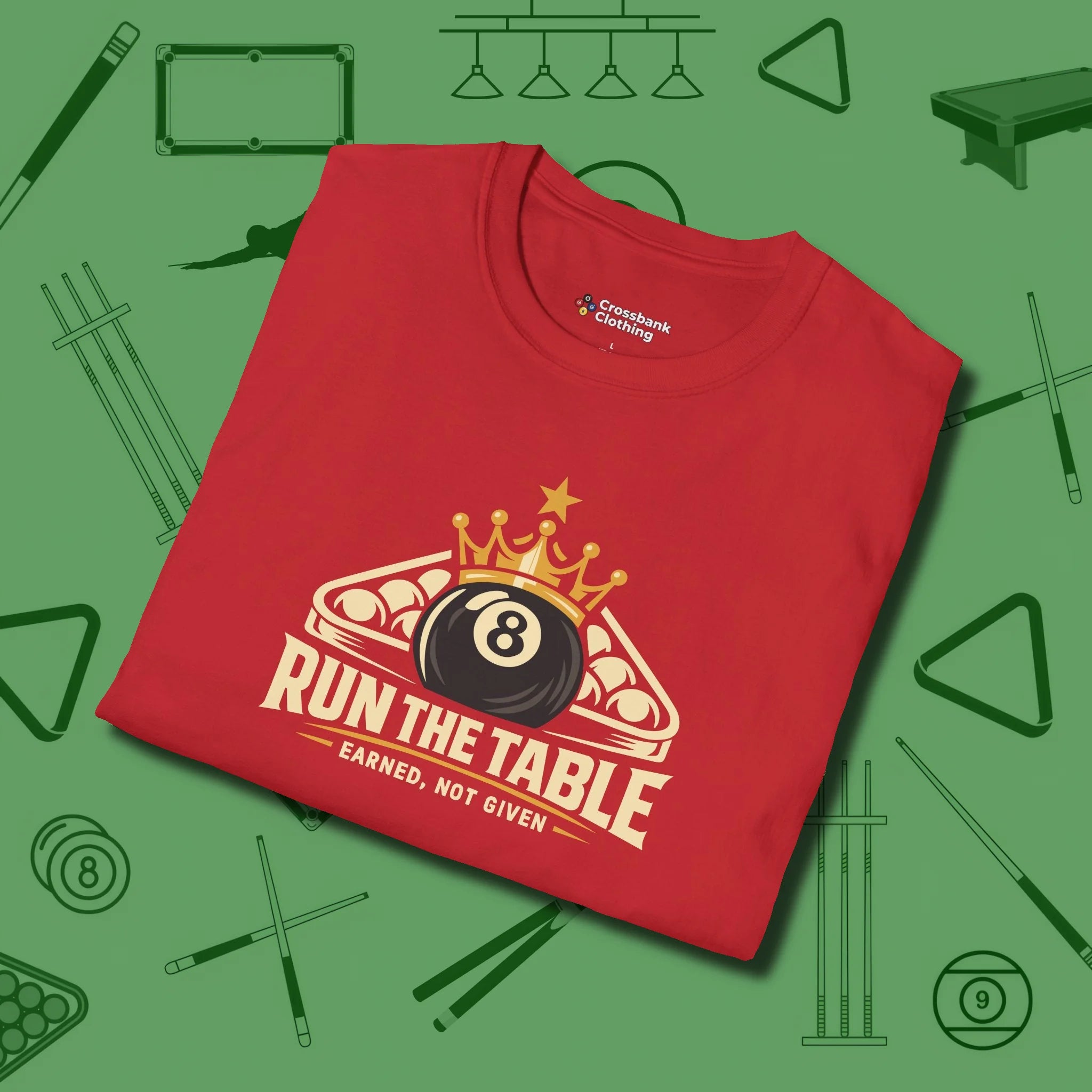 Run the Table T-Shirt, folded view, in Red poolroom style with tournament attitude