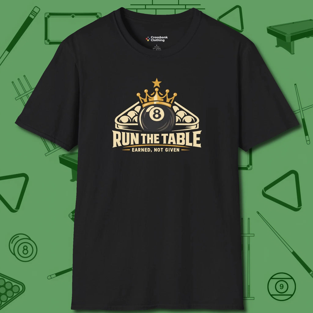 Run the Table T-Shirt, front view, in Black where style and cue discipline collide