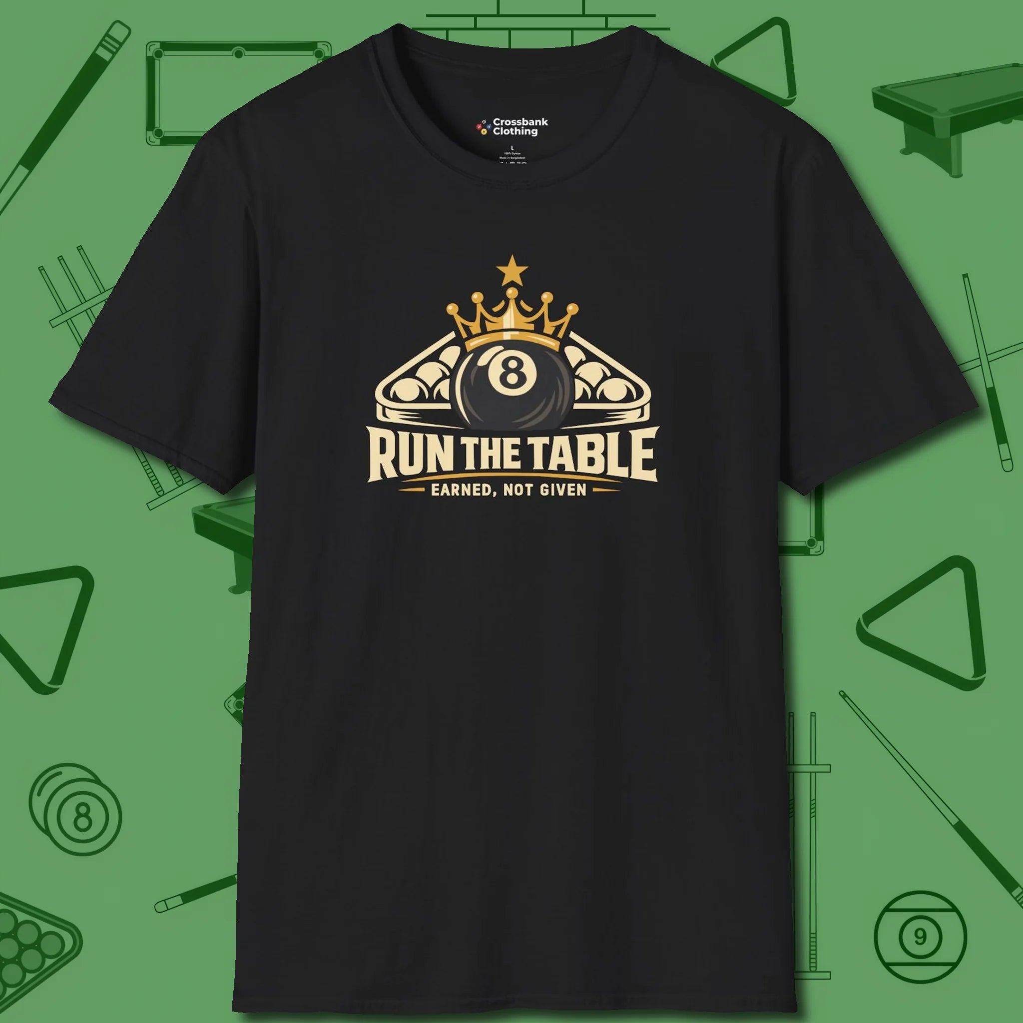 Run the Table T-Shirt, front view, in Black where style and cue discipline collide